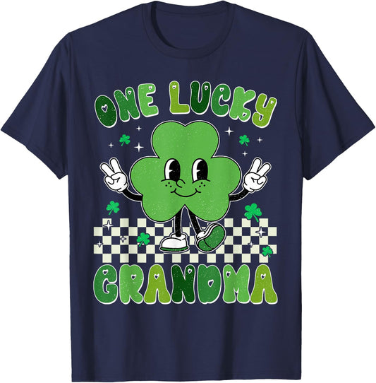 Retro Groovy One Lucky Grandma St Patrick's Day Women Mama T-Shirt - T-Shirt | Navy