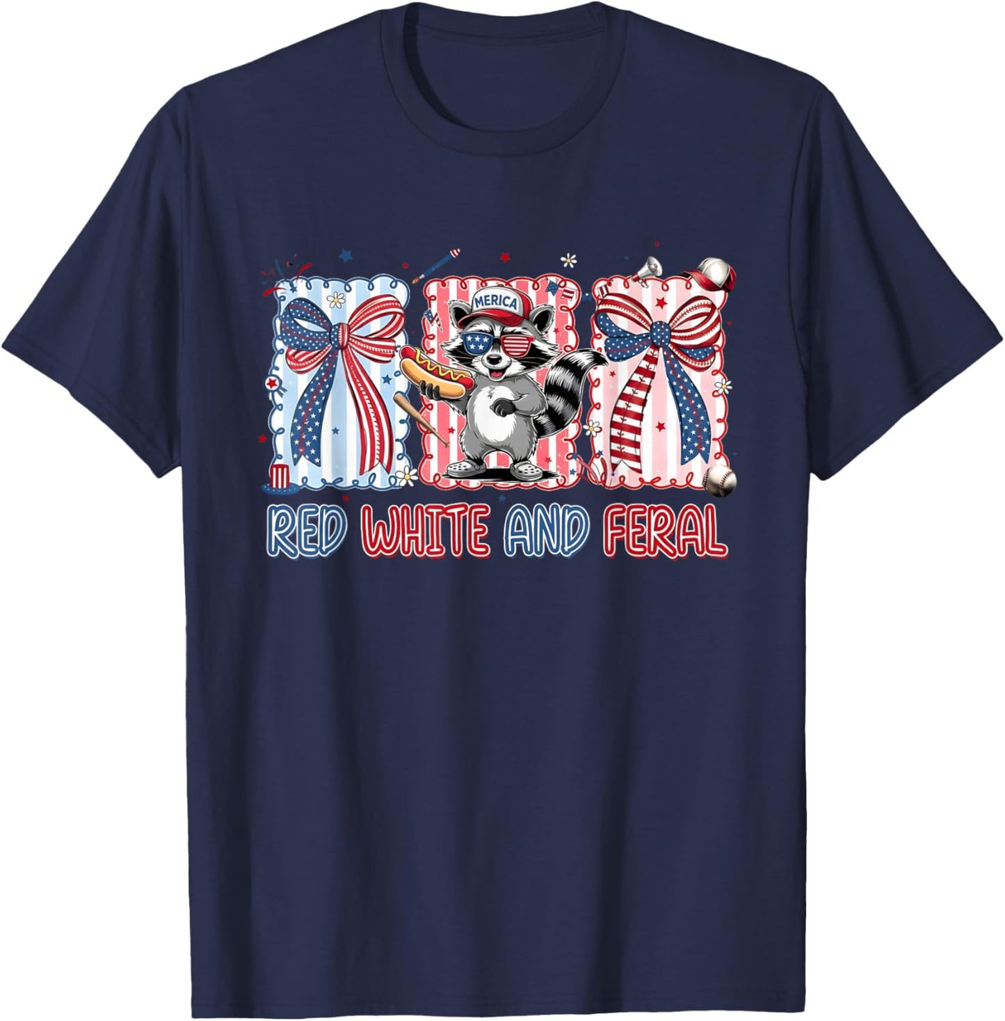 Red White and Feral Patriotic Raccoon Coquette Bow Baseball T-Shirt - T-Shirt | Navy