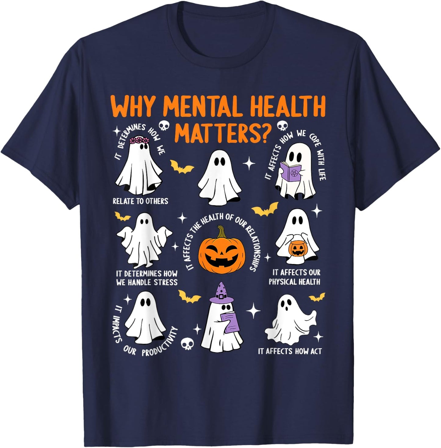 Why Mental Health Matters Halloween Ghost Boo Therapist Cute T-Shirt - T-Shirt | Navy
