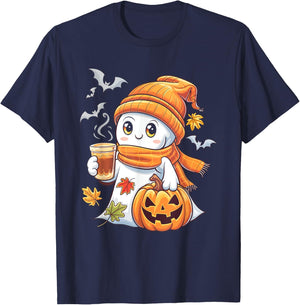 Cute Ghost Pumpkin Coffee Halloween Fall Ghost T-Shirt - T-Shirt | Navy