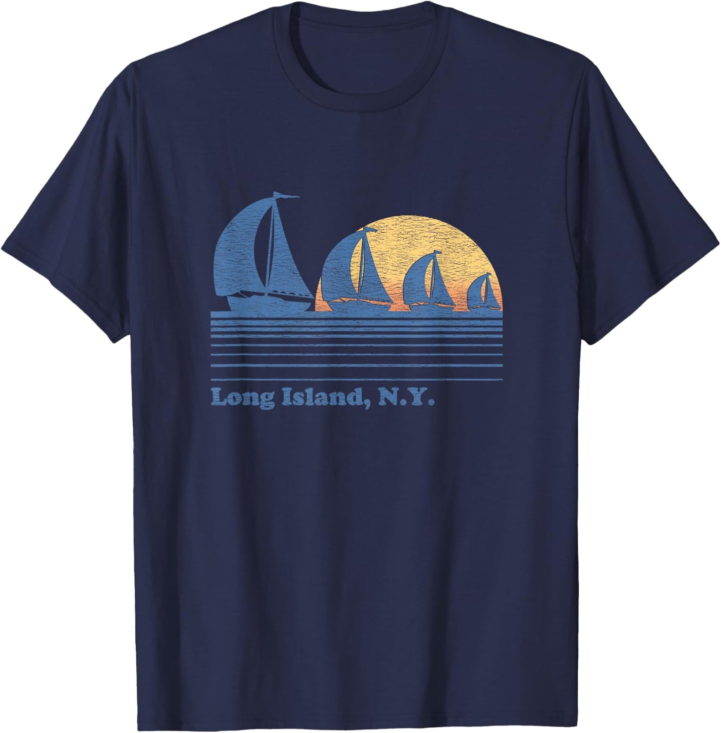 Long Island NY Sailboat Vintage 80s Sunset T-Shirt - T-Shirt | Navy