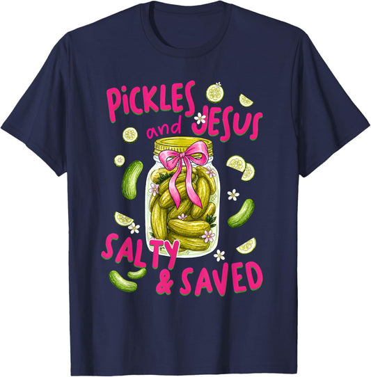 Pickles and Jesus Salty and Saved Funny Pickle Cucumber T-Shirt - T-Shirt | Navy