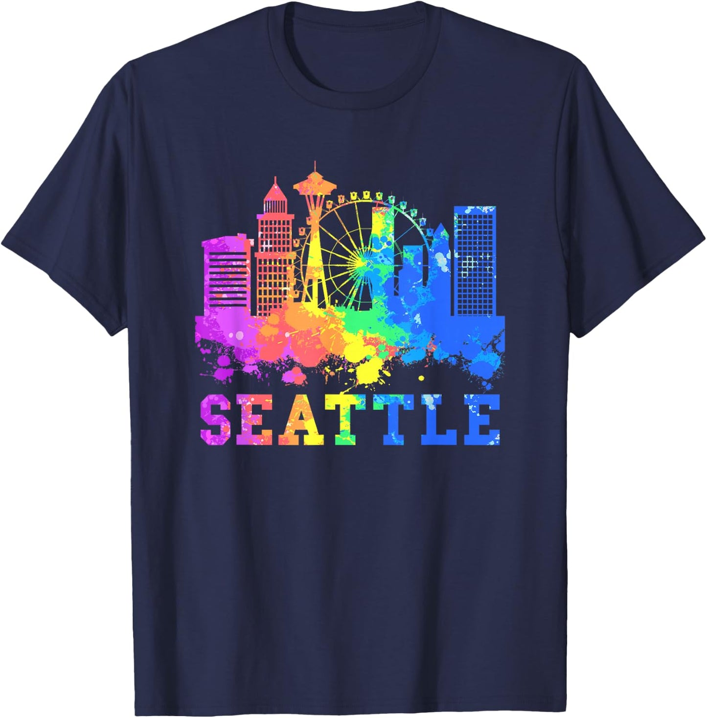 Seattle Washington Skyline Watercolor Souvenir Seattle T-Shirt - T-Shirt | Navy