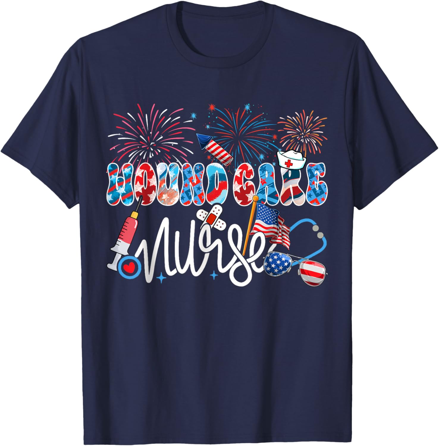 Wound Care Nurse Patriotic USA Flag Stethoscope 4th of July T-Shirt - T-Shirt | Navy