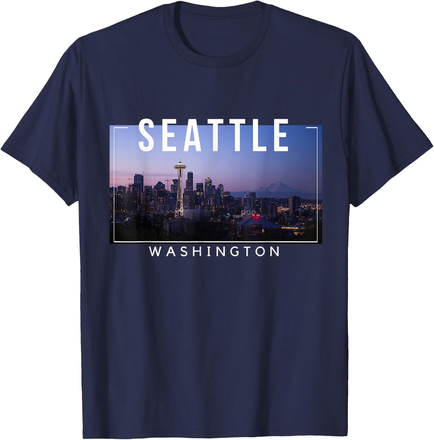 Seattle Washington Skyline Space Needle Mount Rainier T-Shirt - T-Shirt | Navy