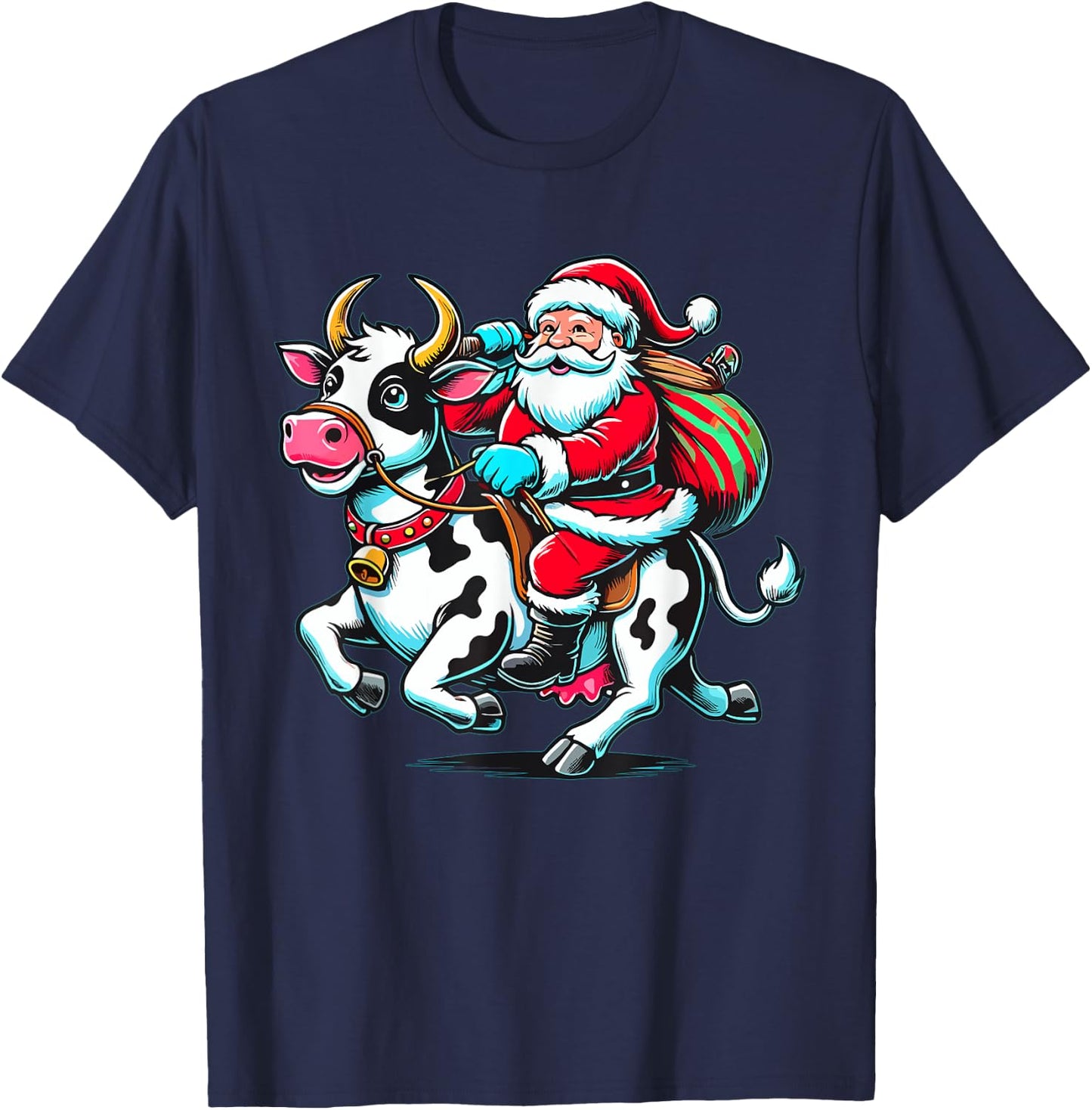 Santa Riding Cow Farmer Xmas Christmas T-Shirt - T-Shirt | Navy