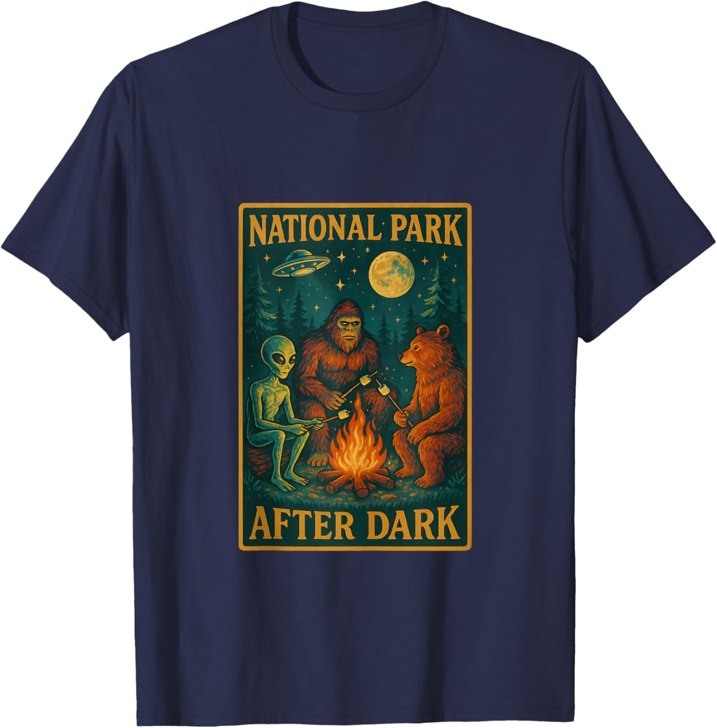National Park After Dark Alien Bigfoot Bear Camping T-Shirt - T-Shirt | Navy