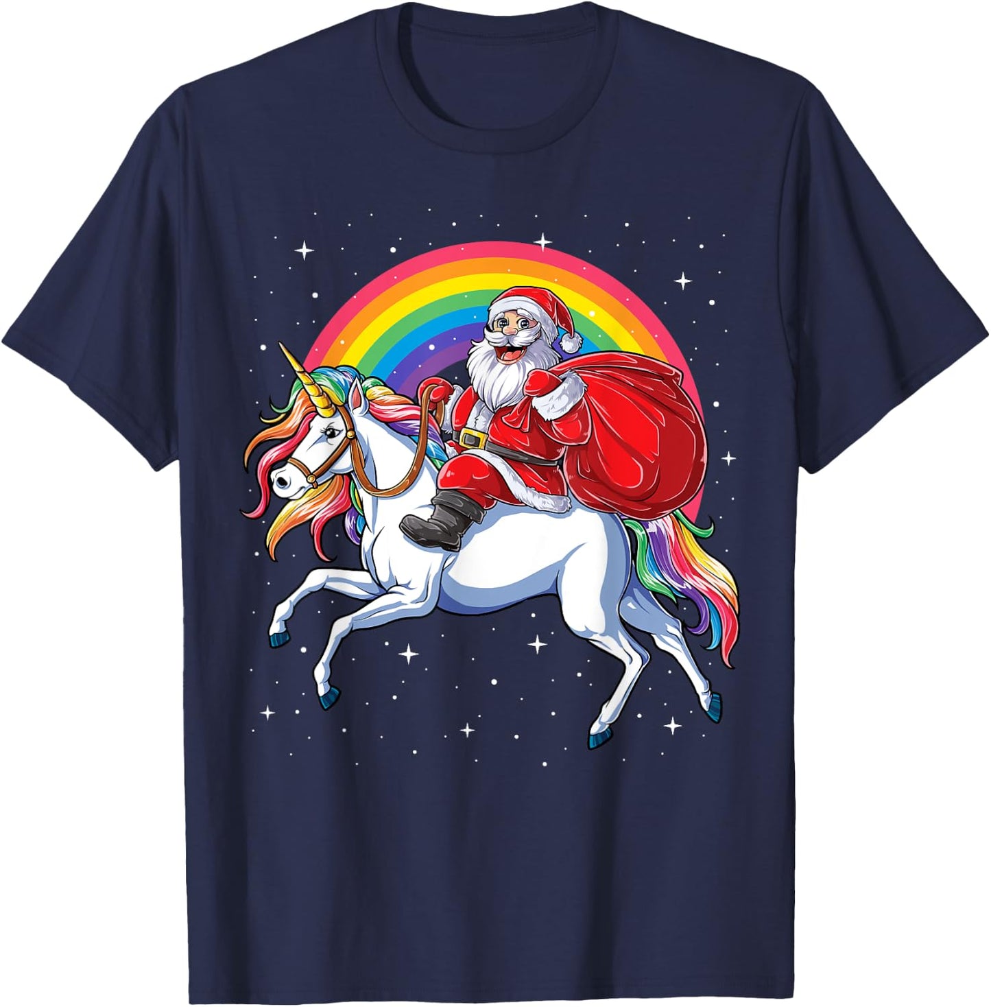 Christmas Santa Riding Unicorn Xmas Girls Women Rainbow T-Shirt - T-Shirt | Navy