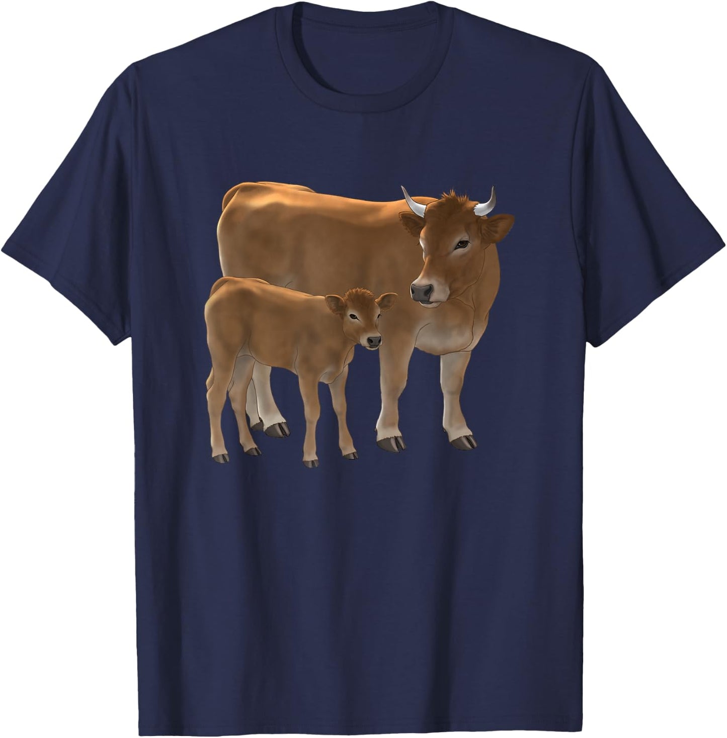 Aubrac or Jersey Brown Cow & Cute Calf Cattle Rancher Art T-Shirt - T-Shirt | Navy