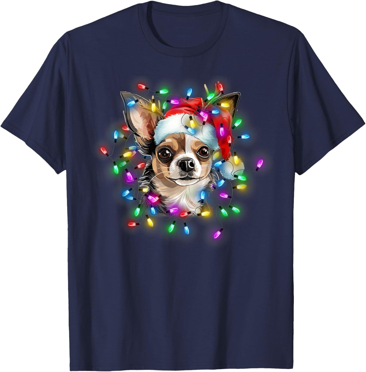 Cute Chihuahua Santa Hat Christmas Light Xmas T-Shirt - T-Shirt | Navy
