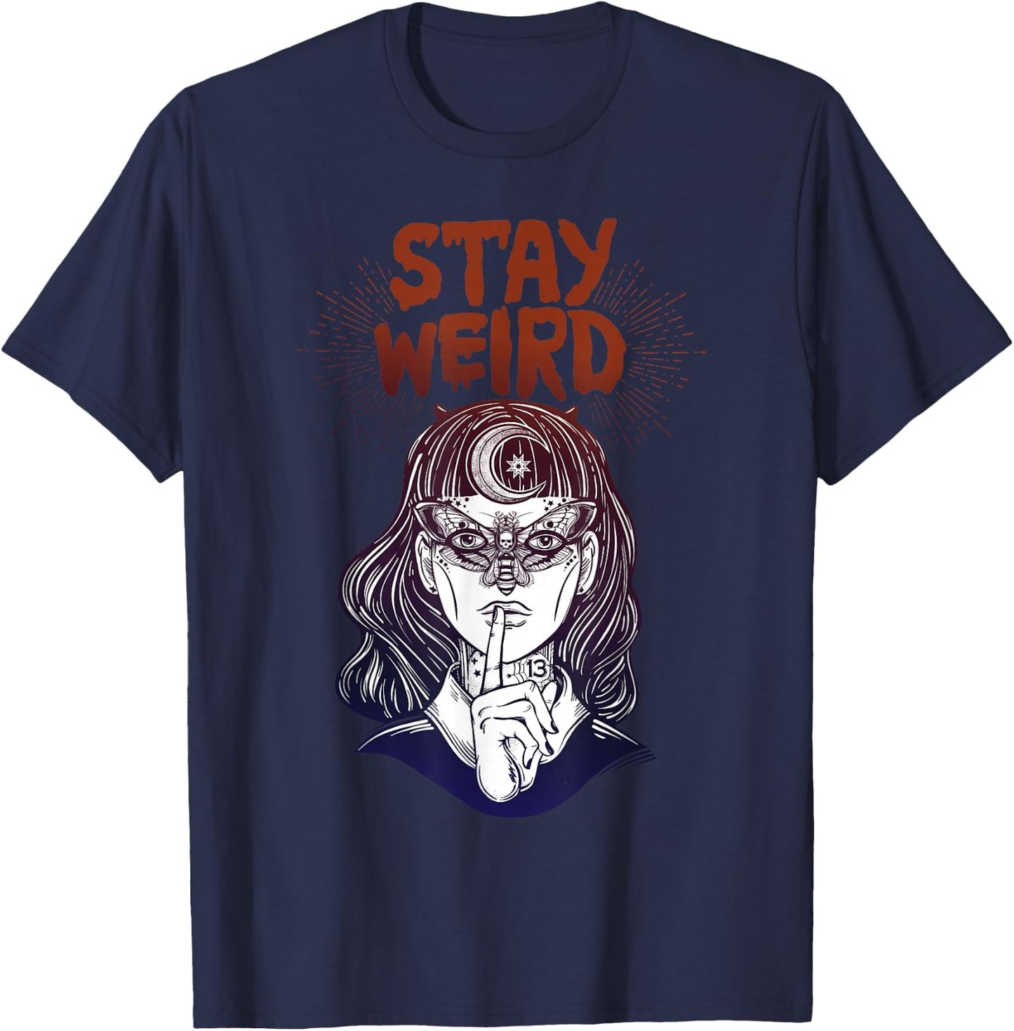 Hand Drawn Witch Girl with Butterfly Stay Weird T-Shirt - T-Shirt | Navy