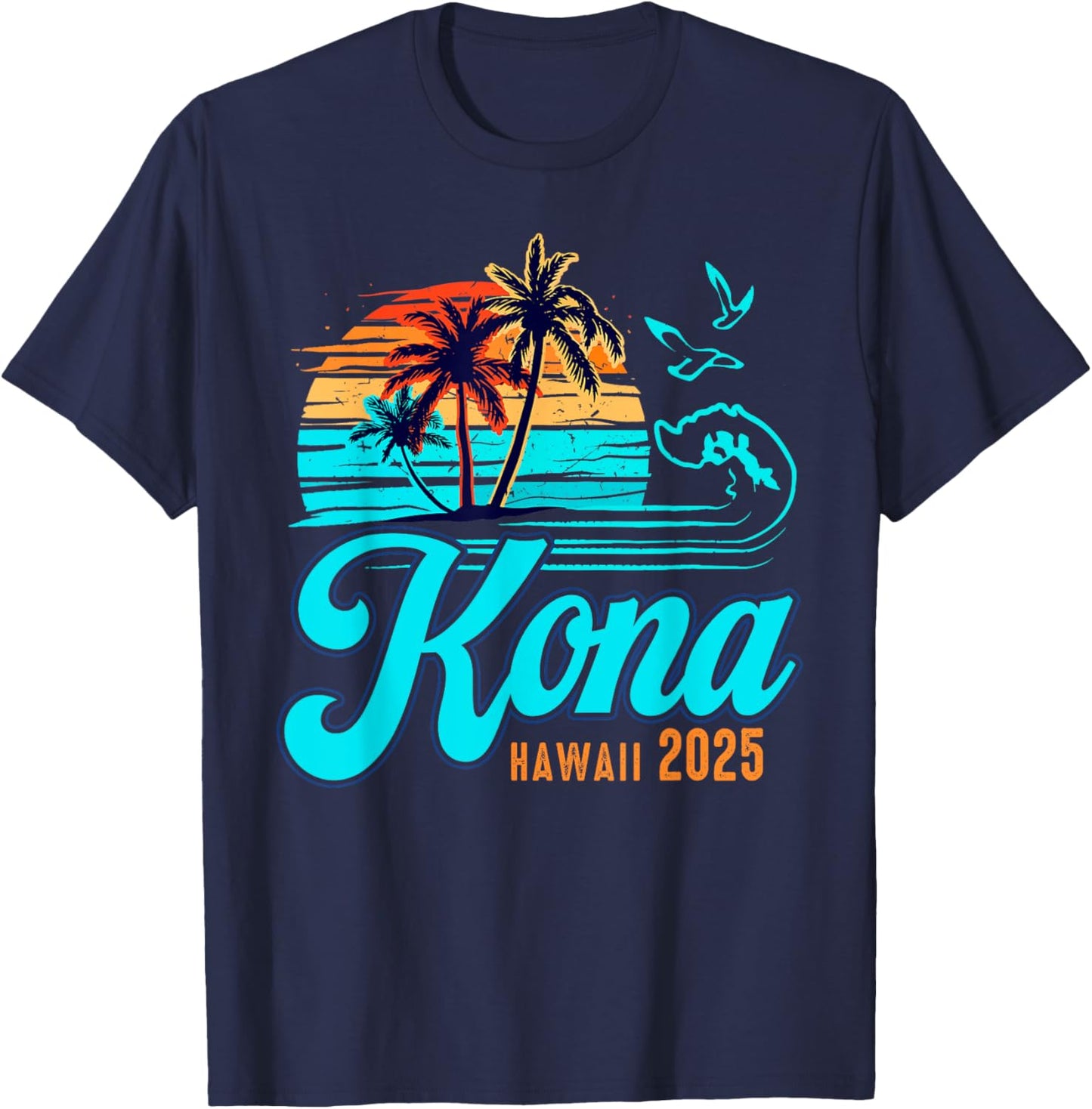 Kona Hawaii 2025 Summer Vacation Sunset Vintage 70's Retro T-Shirt - T-Shirt | Navy