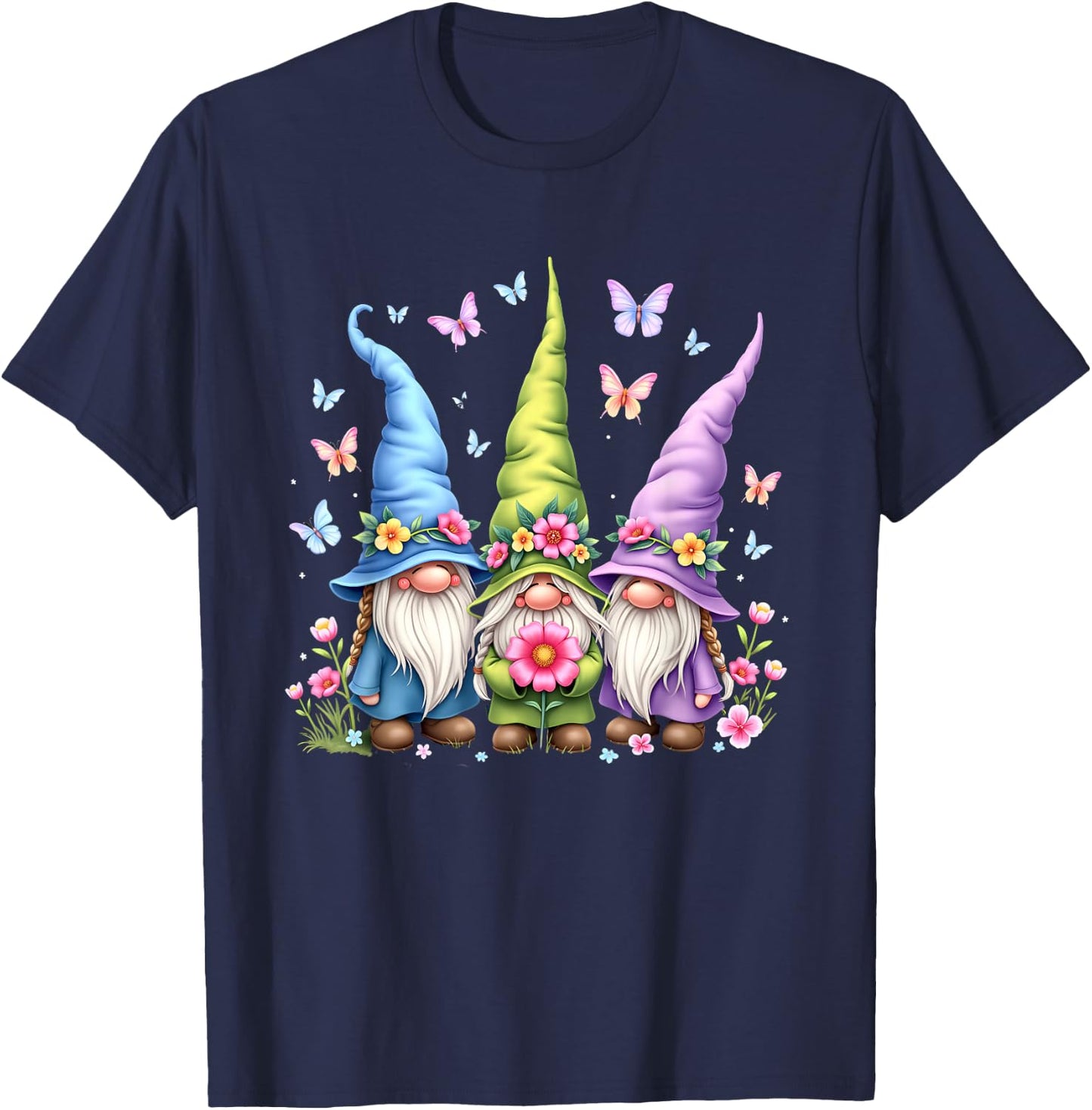 Whimsical Gnome Trio with Flowers and Butterflies T-Shirt - T-Shirt | Navy