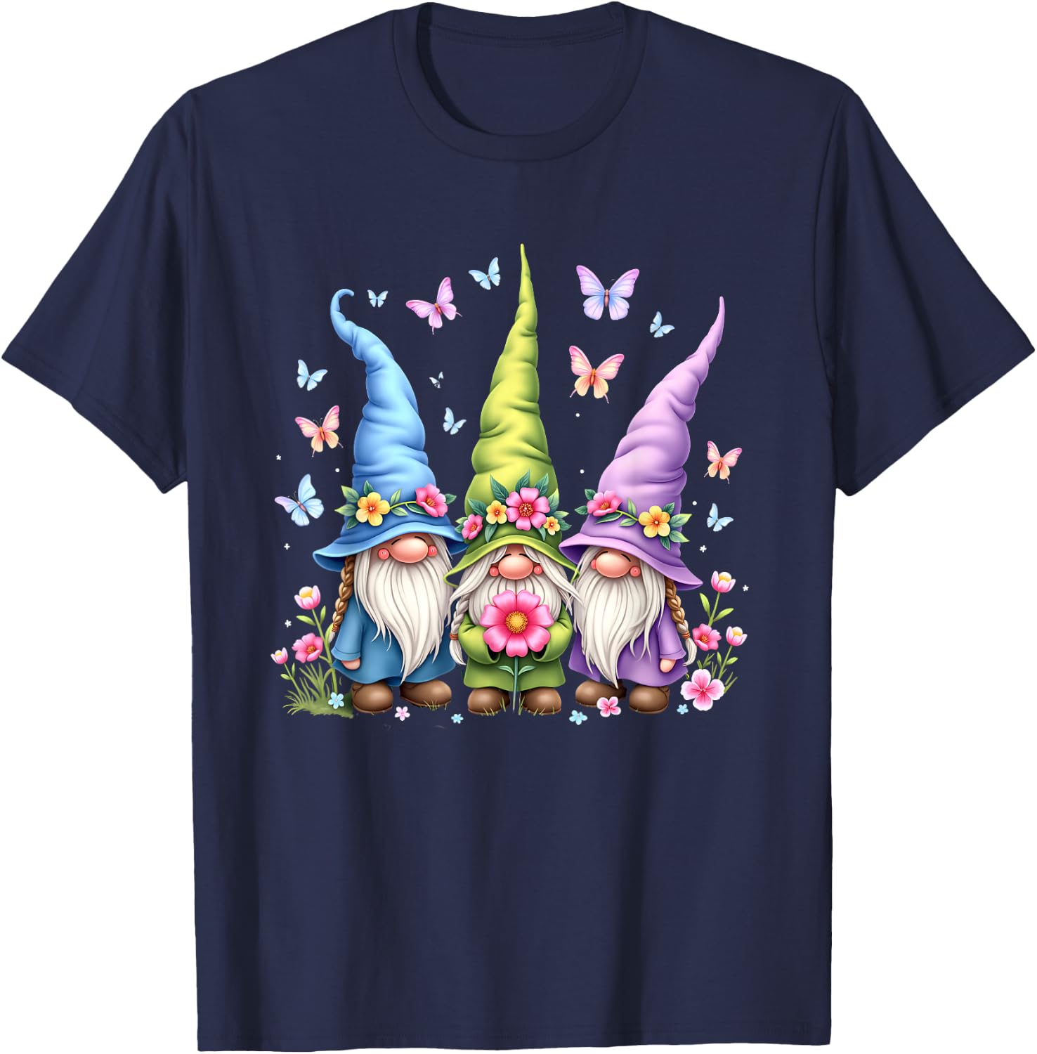 Whimsical Gnome Trio with Flowers and Butterflies T-Shirt - T-Shirt | Navy