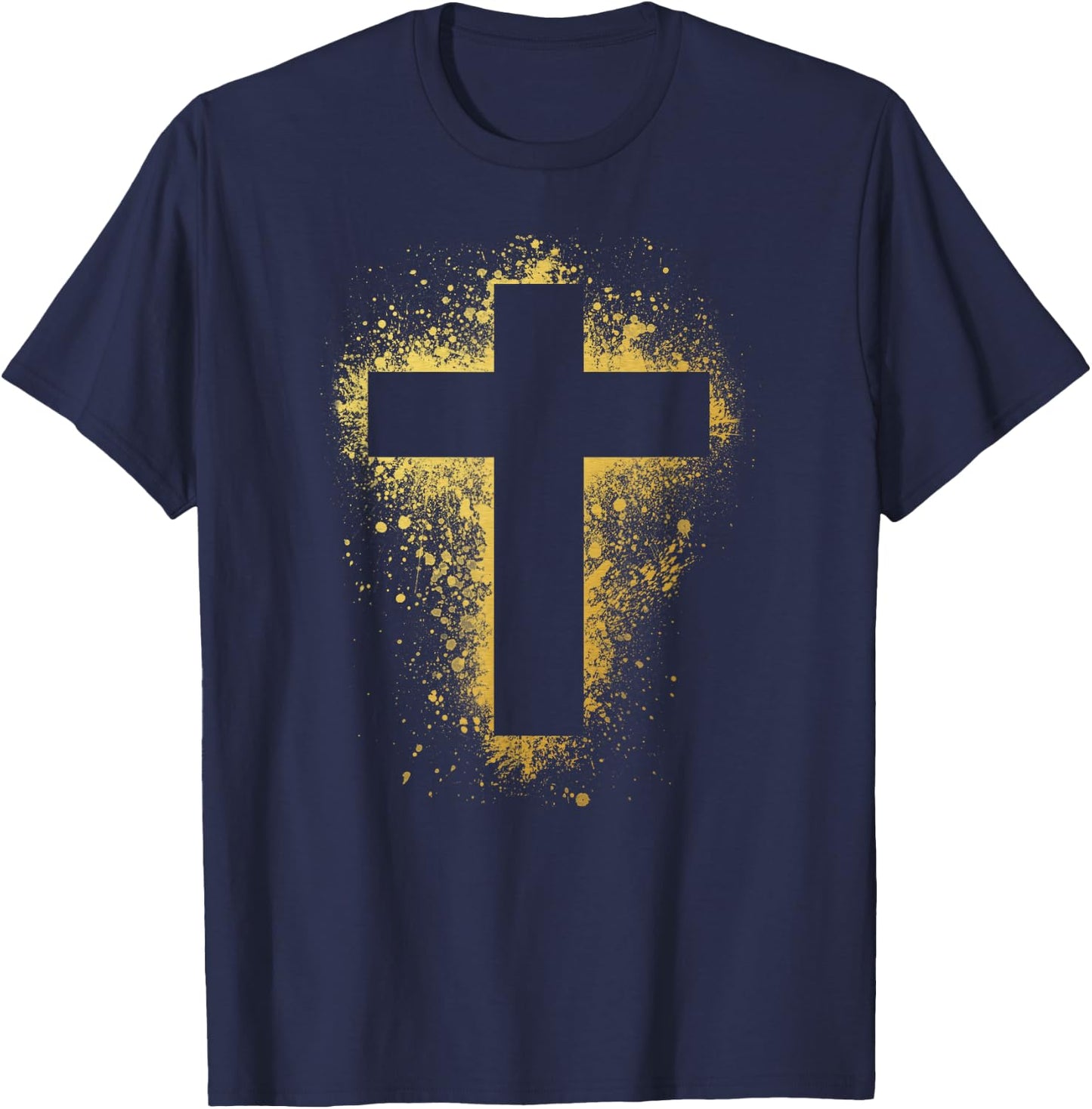 Gold Effect Crucifix , paint splatter, art, God, amen T-Shirt - T-Shirt | Navy
