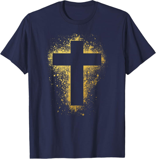 Gold Effect Crucifix , paint splatter, art, God, amen T-Shirt - T-Shirt | Navy