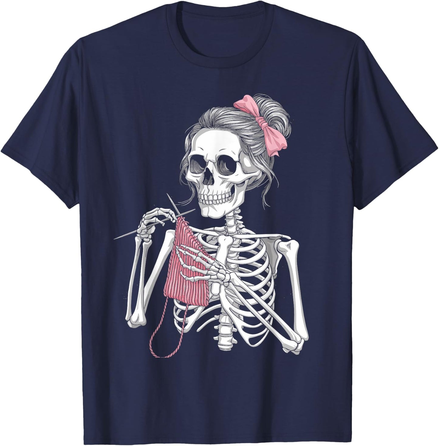 Skeleton Messy Bun Crochet Knitting Lovers Spooky Halloween T-Shirt - T-Shirt | Navy