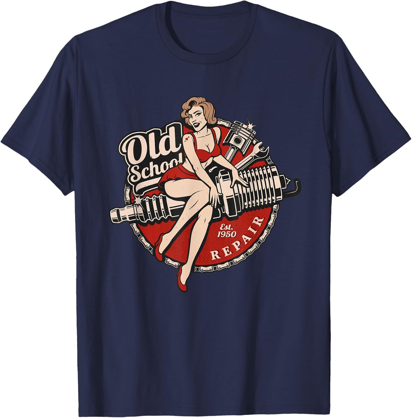 Spark Plug Pinup Mechanic T-Shirt - T-Shirt | Navy