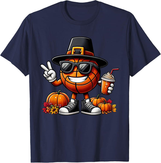 Autumn Pumpkin Fall Basketball Thanksgiving Kids T-Shirt - T-Shirt | Navy