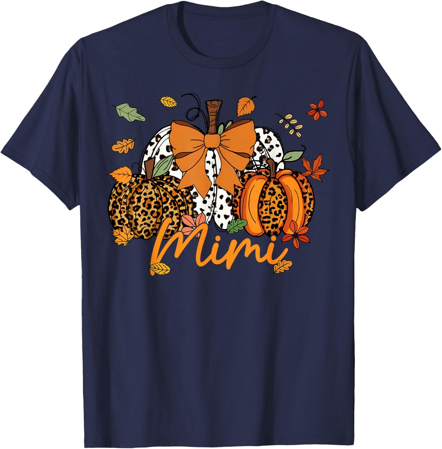 Mimi Thanksgiving Leopard Pumpkin Coquette Bow Mom Grandma T-Shirt - T-Shirt | Navy