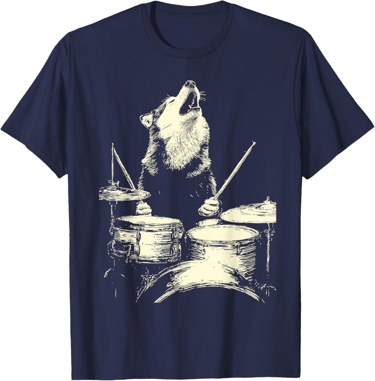 Cute Wolf Playing Drums Funny Music Animal Drummer Graphic T-Shirt - T-Shirt | Navy