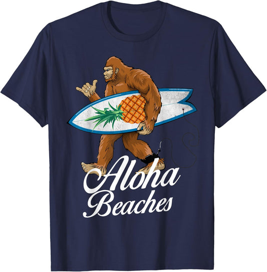 Bigfoot Aloha Beaches Hawaiian Pineapple Surf Vacation T-Shirt - T-Shirt | Navy