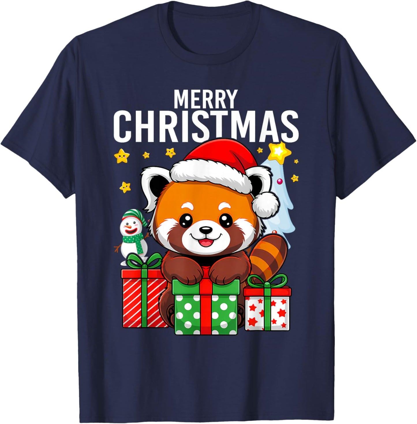 Panda Merry Winter Red Pandas Christmas T-Shirt - T-Shirt | Navy