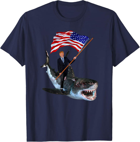 Epic Trump Riding Shark With USA Flag Shirt T-Shirt - T-Shirt | Navy