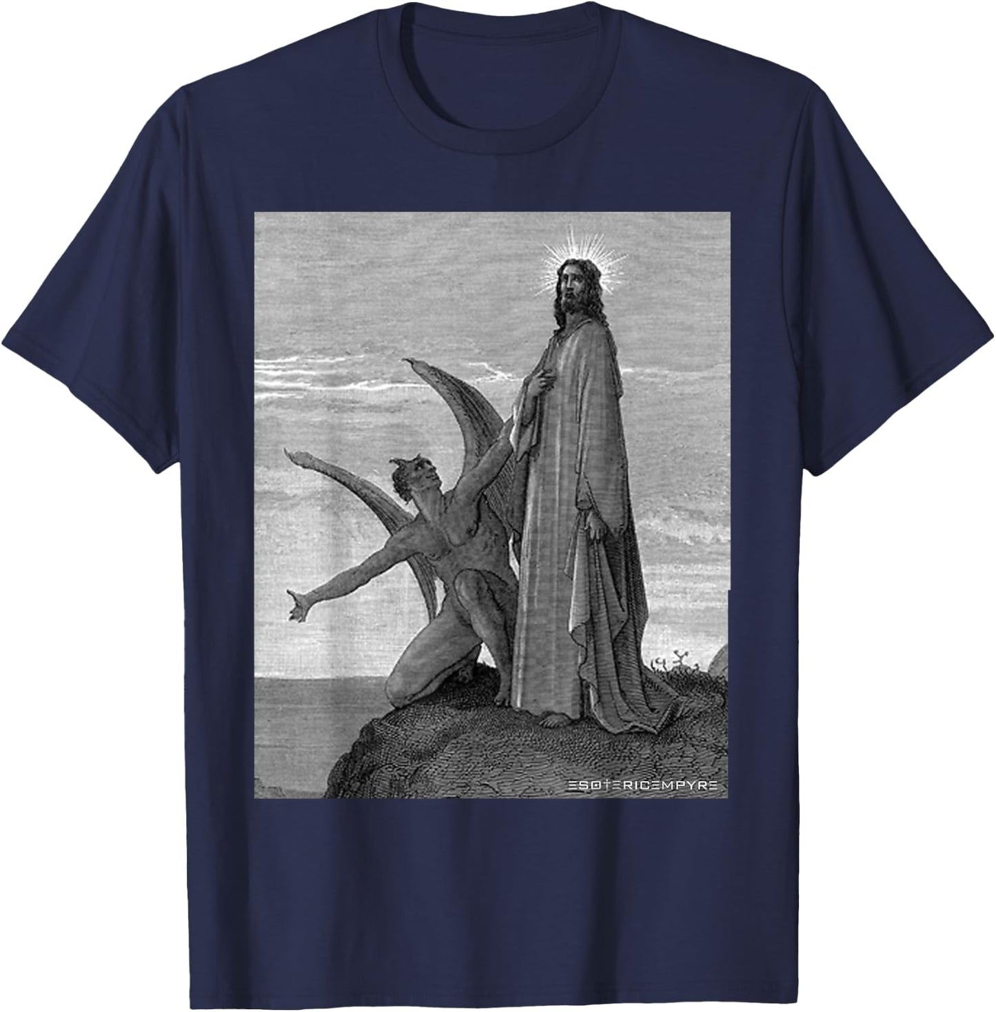 Jesus Christ Temptation of Satan Wilderness by Gustave Dore T-Shirt - T-Shirt | Navy
