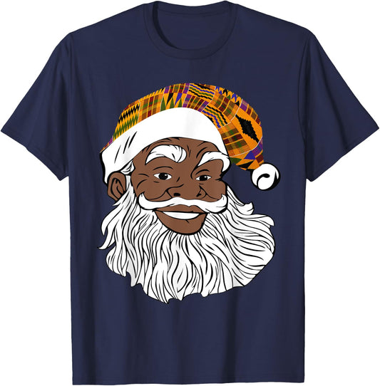 Black Jolly Santa Shirt Black Owned Business Kente Santa Hat T-Shirt - T-Shirt | Navy