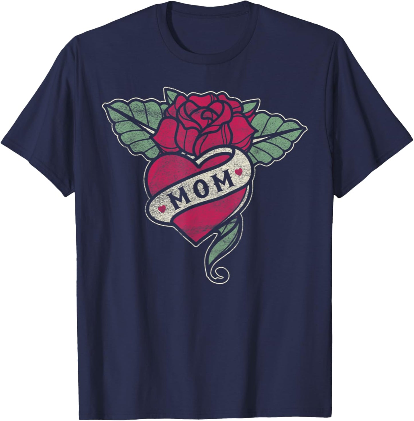 Mom Tattoo Heart Red Rose Motorcycle T-Shirt - T-Shirt | Navy