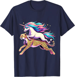 Unicorn Riding Cheetah Boys Girls Men Women Kids Rainbow T-Shirt - T-Shirt | Navy
