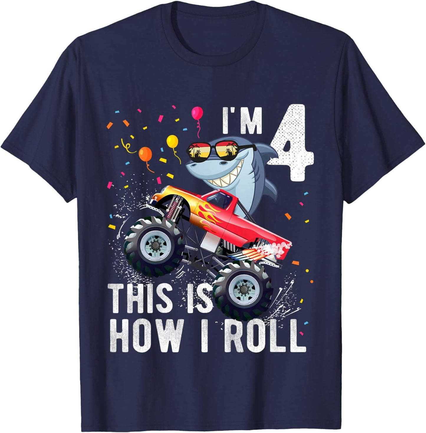 Shark Monster Truck 4th Birthday Boys and Girls T-Shirt - T-Shirt | Navy