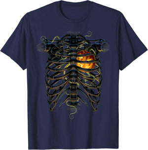 Halloween Skeleton Rib Cage Pumpkin Heart T-Shirt - T-Shirt | Navy