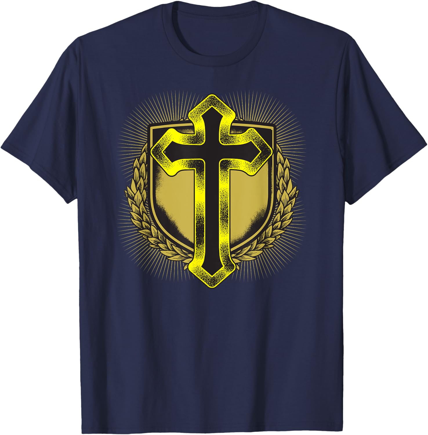 Distressed Golden Cross Christian Coat of arms Design T-Shirt - T-Shirt | Navy