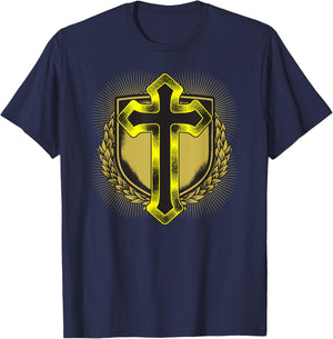 Distressed Golden Cross Christian Coat of arms Design T-Shirt - T-Shirt | Navy