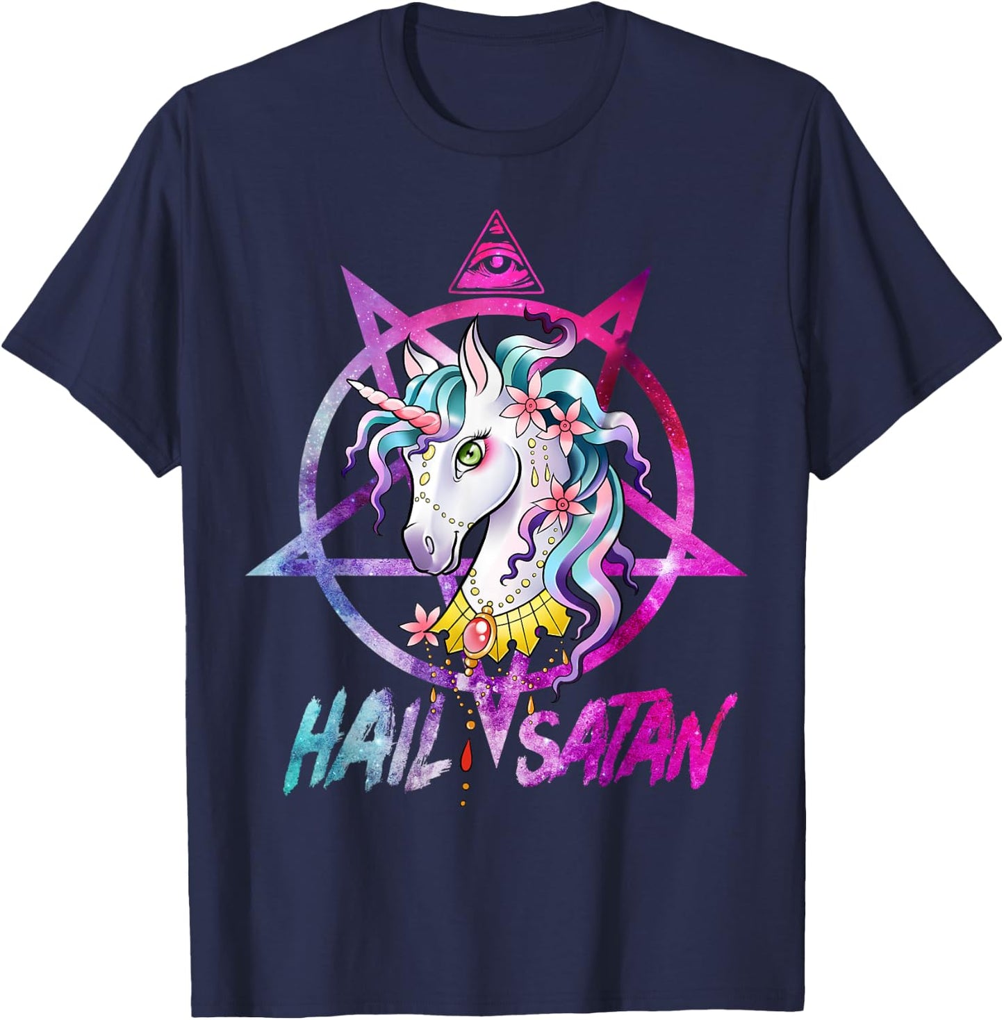Unicorn Hail Satan Death Metal Rainbow shirt Rave Men Women T-Shirt - T-Shirt | Navy