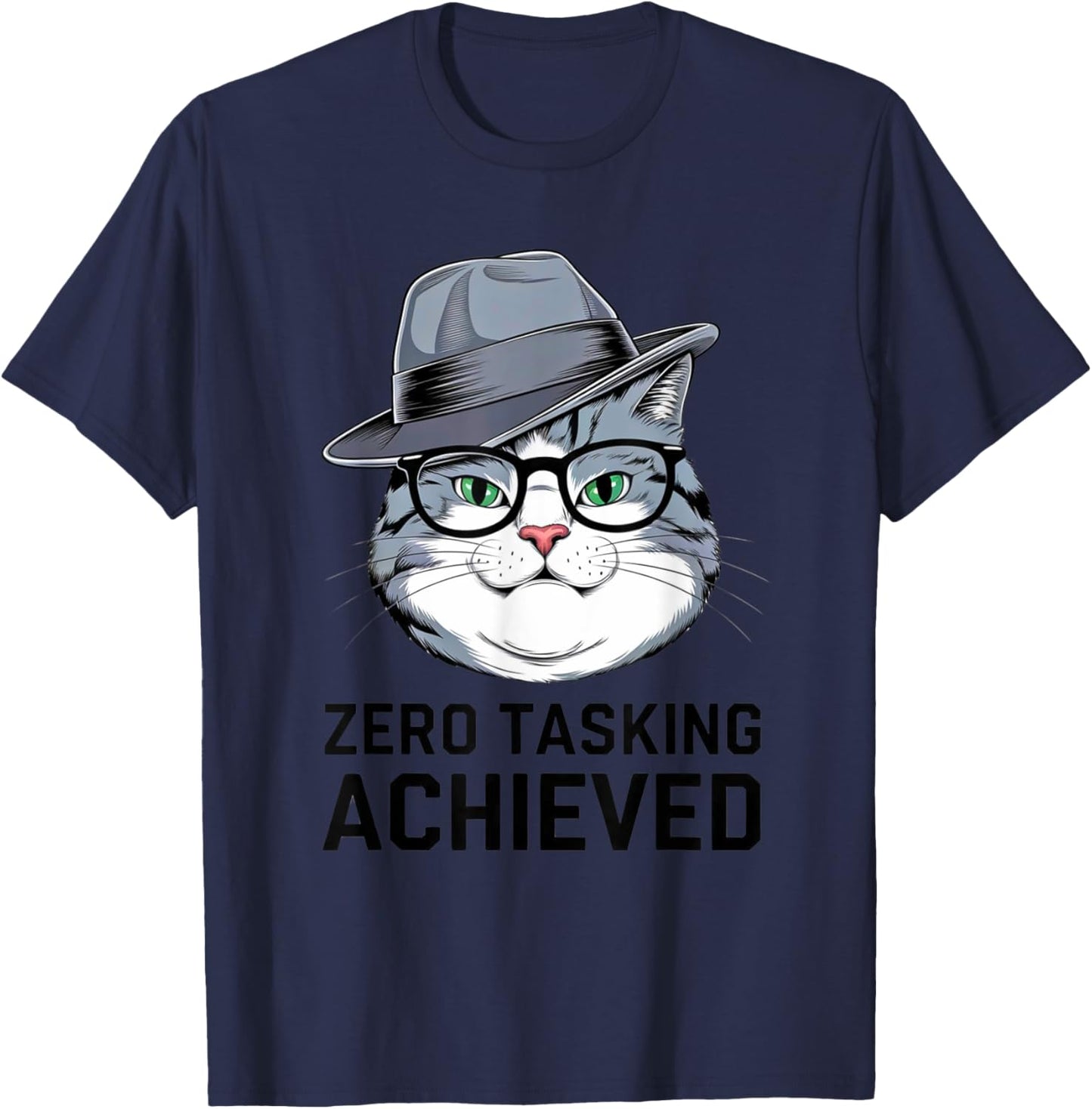 Zero Tasking Achieved Stylish Cartoon Cat T-Shirt - T-Shirt | Navy