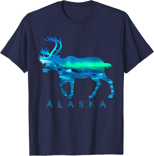 Alaskan Caribou with Aurora Borealis Scene Reindeer Tourist T-Shirt - T-Shirt | Navy