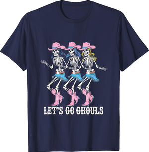 Let's Go Ghouls Cowgirl Skeletons Line Dancing Halloween T-Shirt - T-Shirt | Navy