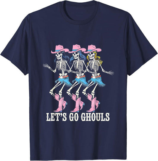 Let's Go Ghouls Cowgirl Skeletons Line Dancing Halloween T-Shirt - T-Shirt | Navy