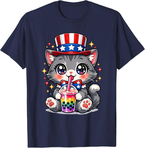 Cute Kitten Patriotic 4th of July Cat Bubble Boba Tea USA T-Shirt - T-Shirt | Navy