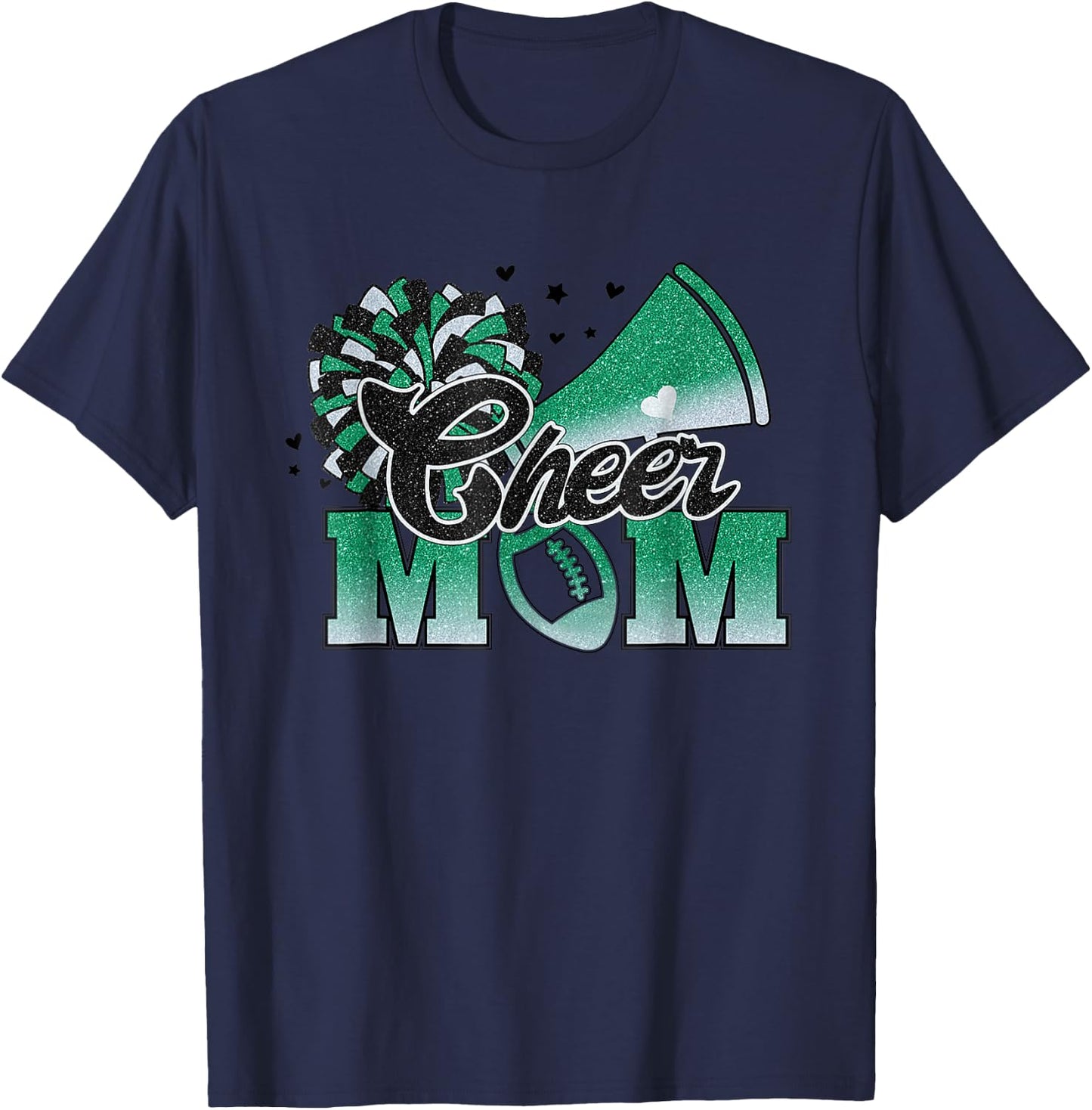 Football Cheer Mom Biggest Fan Cheerleader Black Green White T-Shirt - T-Shirt | Navy