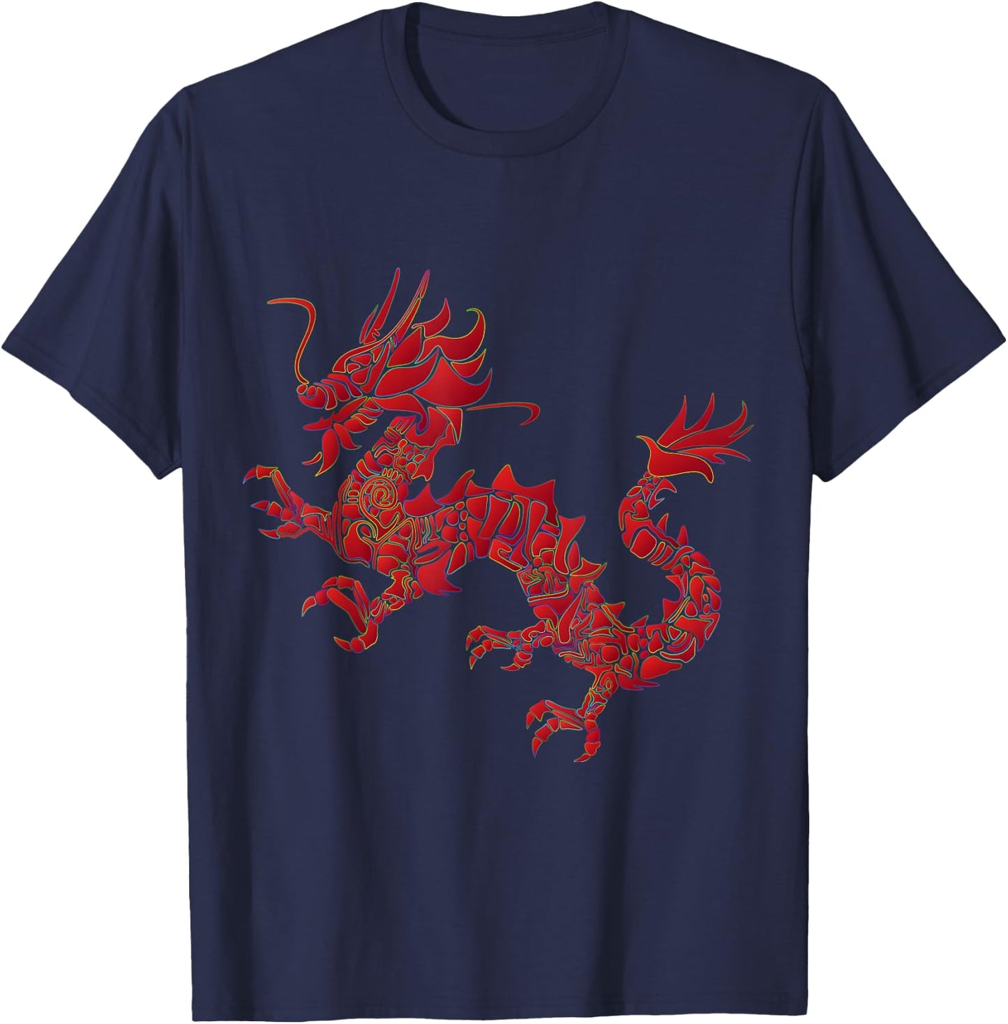 Red Chinese Firedrake Dragon Print Art Wear T-Shirt - T-Shirt | Navy