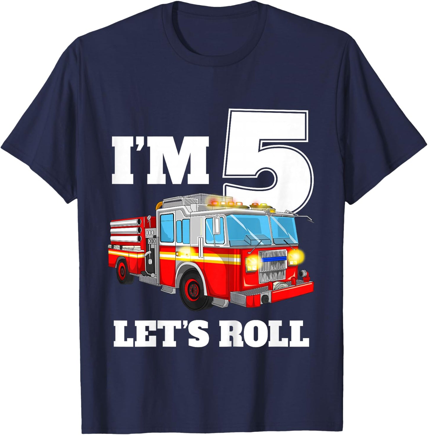 Kids Fire Truck 5th Birthday Boy 5 Year Old Five Firefighter T-Shirt - T-Shirt | Navy