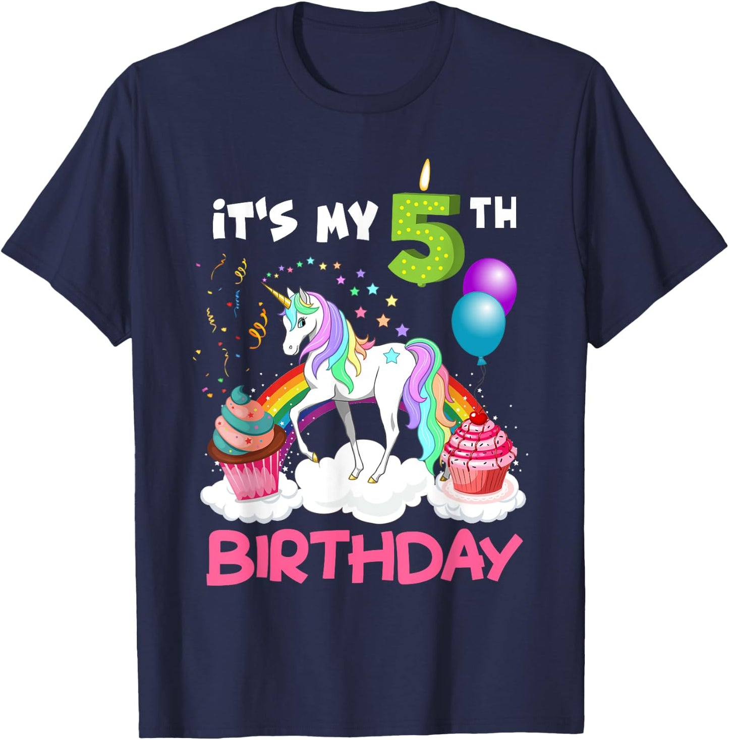 Cute It's My Fifth Birthday Unicorn Five Year Old Girl's T-Shirt - T-Shirt | Navy