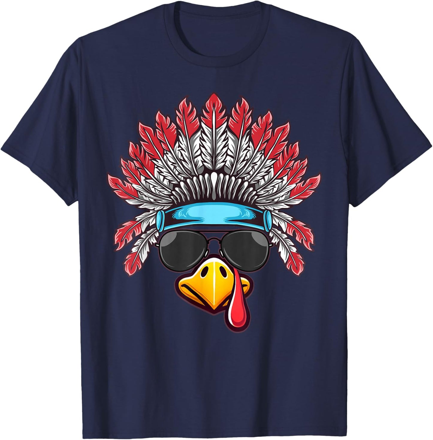 Turkey Face Native American Headdress Thanksgiving T-Shirt - T-Shirt | Navy