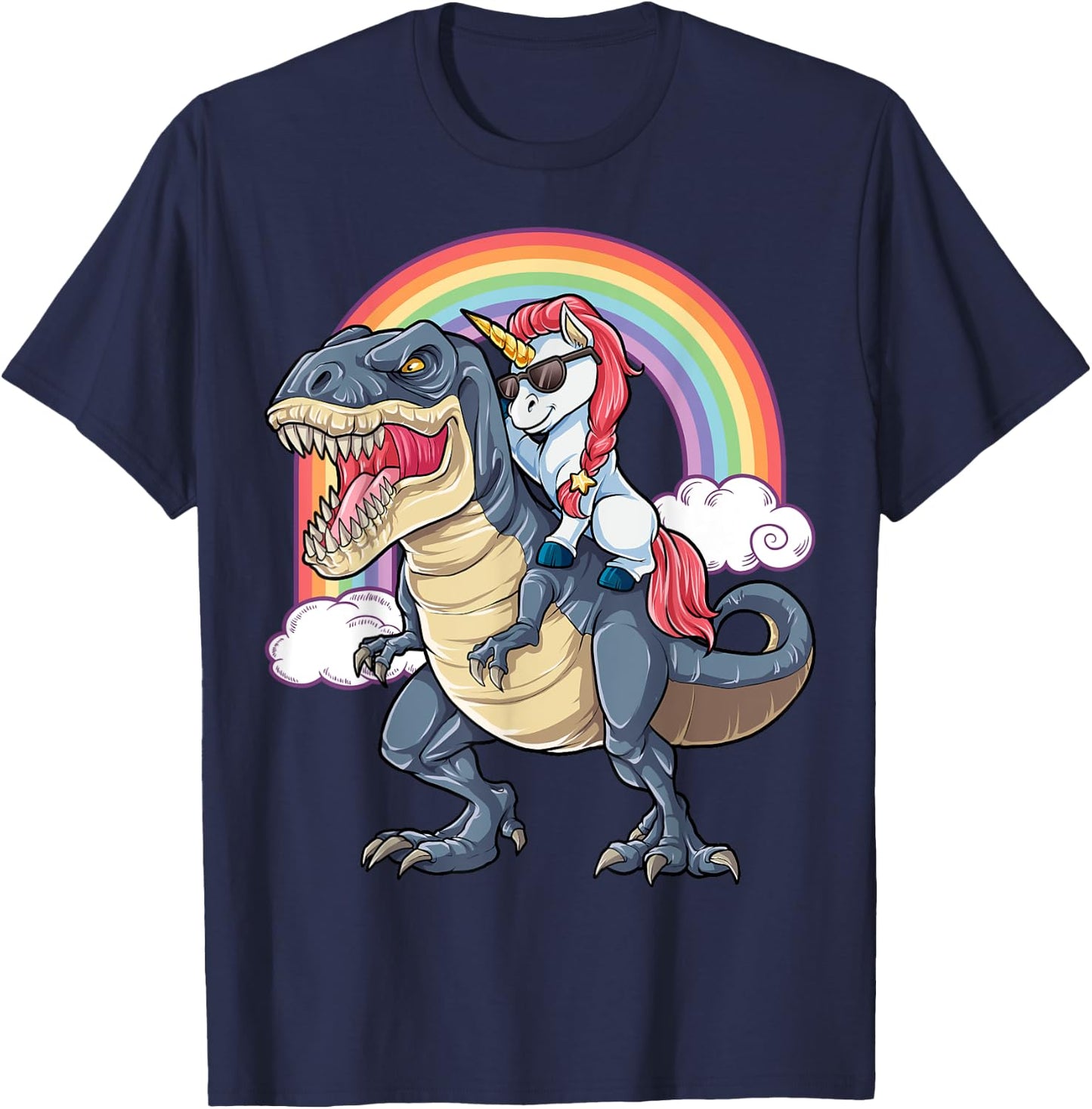 Unicorn Riding Dinosaur T rex Shirt Boys Girls Kids Rainbow T-Shirt - T-Shirt | Navy