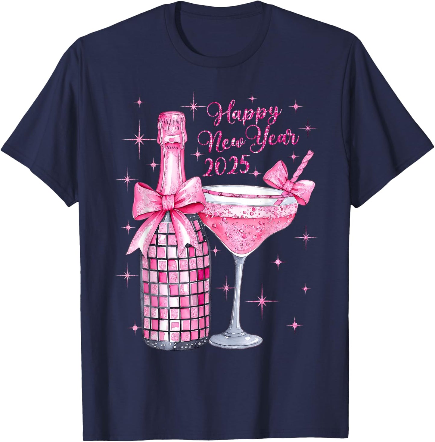 Pink Champagne Wine Bottle Disco Balls New Years 2025 T-Shirt - T-Shirt | Navy