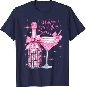 Pink Champagne Wine Bottle Disco Balls New Years 2025 T-Shirt - T-Shirt | Navy